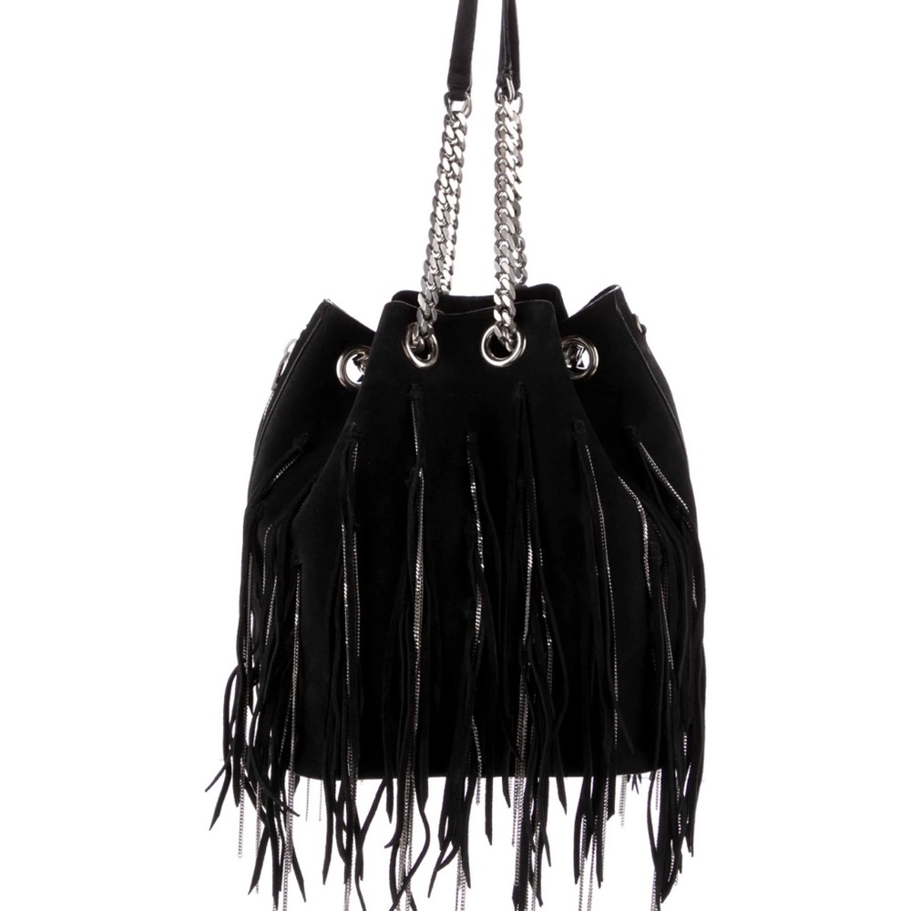 YSL Black Bucket Shoulder Bag with Fringe Detail and Chain Strap